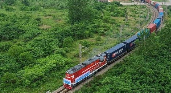 China railway moving amidst the green