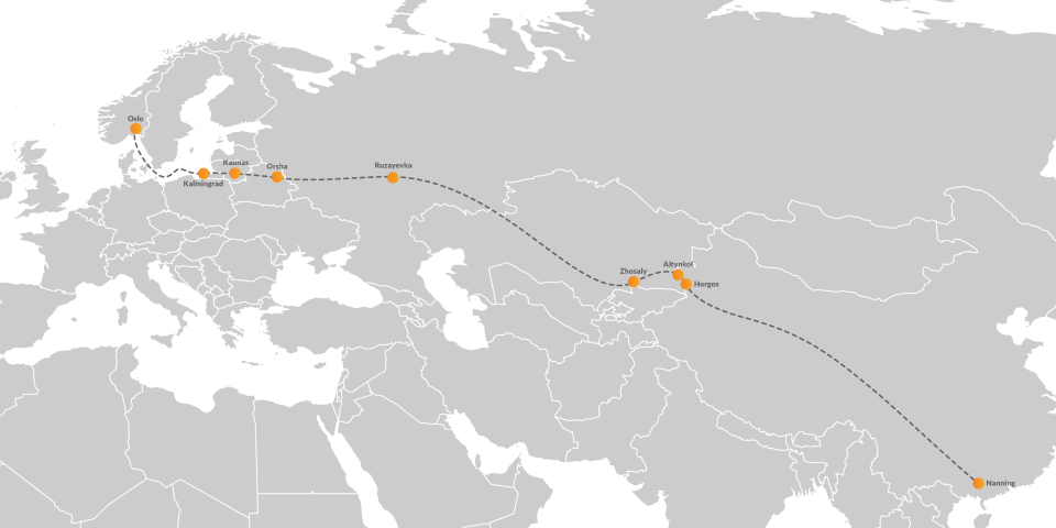 Block train from Nanning in China to Oslo in Norway