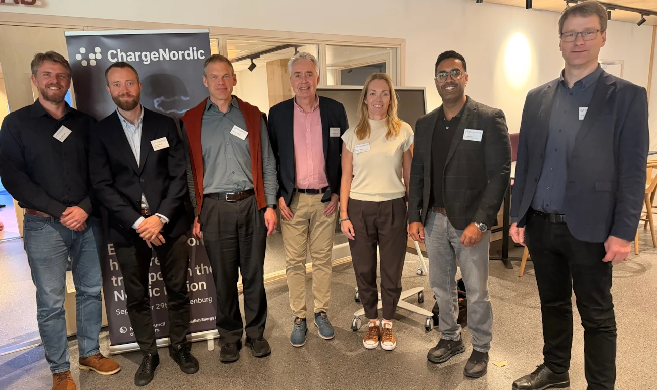 Participants at the ChargeNordic workshop in Gothenburg discussing the electrification of heavy transport in the Nordic region, including Rohit Sharma from ColliCare Logistics.