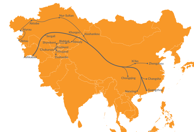中亚班列路线图，中国到哈萨克斯坦、乌兹别克斯坦、塔吉克斯坦、土库曼斯坦和吉尔吉斯斯坦；