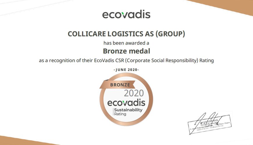 Diploma of a bronze medal from ecovalis sustainability rating handed to ColliCare Logistics in 2020