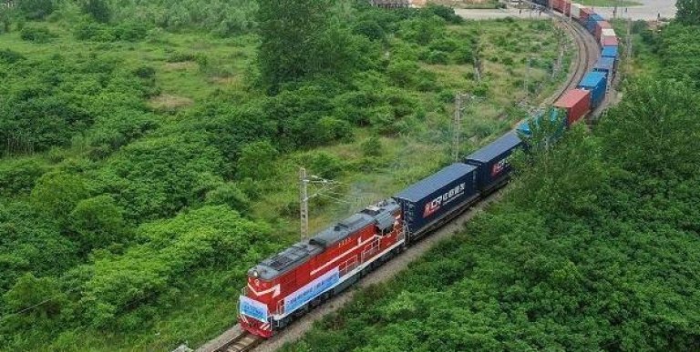 China railway moving amidst the green